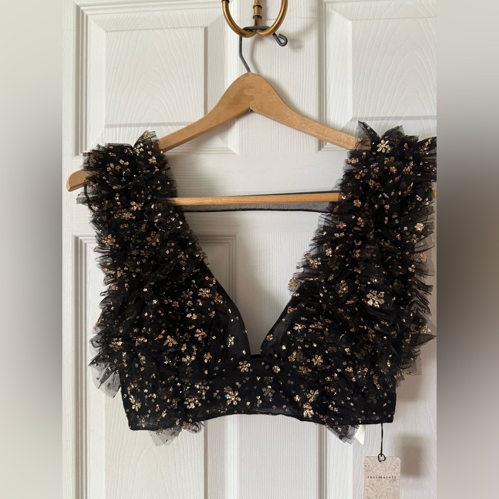 Free People Sosha Party Top black   Smocked Sparkling Embellishments M NEW - Picture 3 of 13